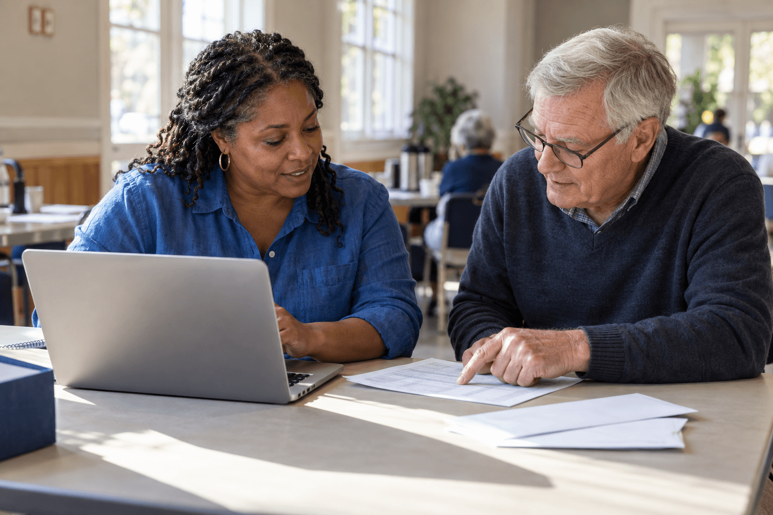 Two campaign volunteers reviewing contribution records at a community fundraiser.