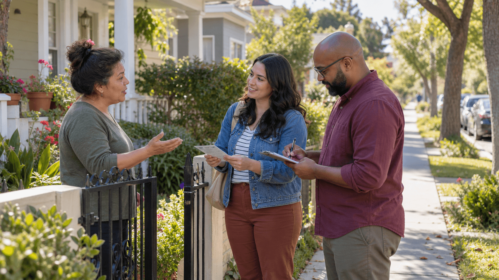 Campaign volunteers listening to a resident at her front gate.
